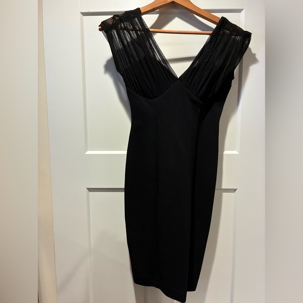 Cache Black Evening Dress - plunging neckline, mesh over bust and shoulders. XS